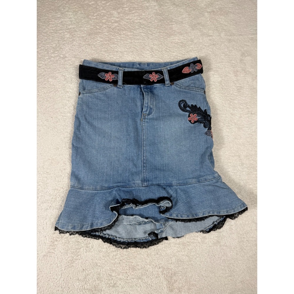 Mary-Kate and Ashley Denim Skirt Girls 12 Blue Good Ruffle Lace Floral Y2K Boho